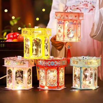 Mid-Autumn Festival Lanterns Kidsren's Satchel Retro Lanterns Handmade DIY Material Package Projection Luminous Hexagonal Palace Lantern Wholesale