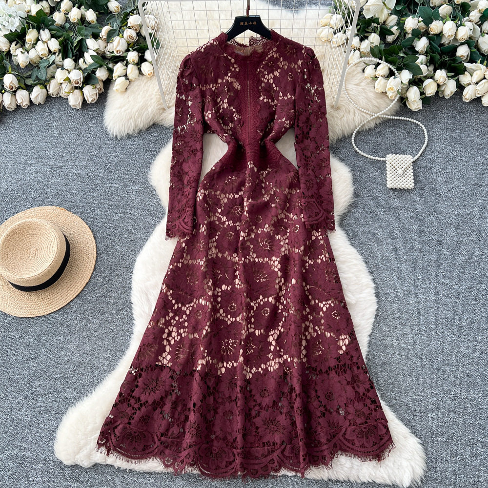 French Style Elegant Lace Dress High End Crochet Design Slim Fit Autumn Fashion Perfect for Formal Occasions