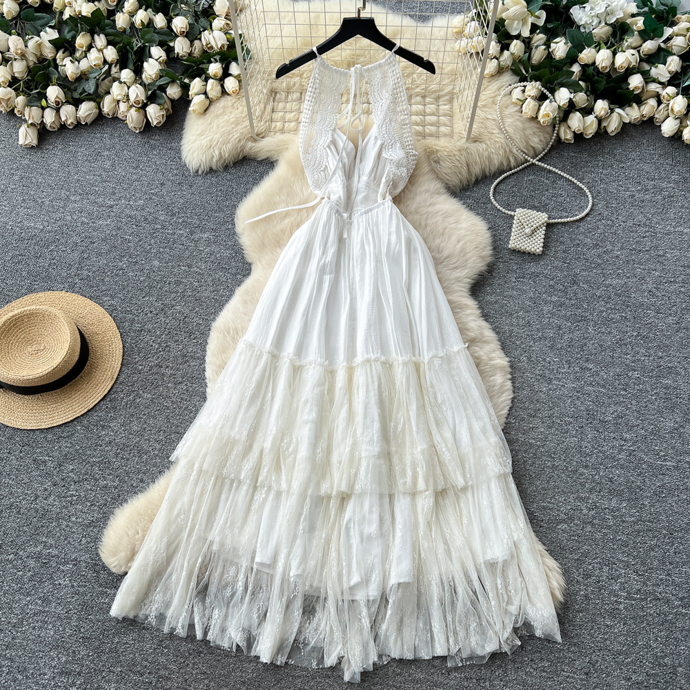 Lace Trim Backless Summer Dress Slim Fit Waist Defined Flowy Maxi Perfect for Vacations and Special Occasions