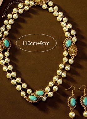 中古vintage复古多层珍珠项链女耳钉狮子头镶嵌蓝松石秋冬毛衣链