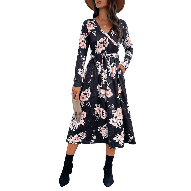 Floral Print Long Sleeve Dress V Neck Autumn Style Elegant Design Wholesale Womens Apparel low MOQ