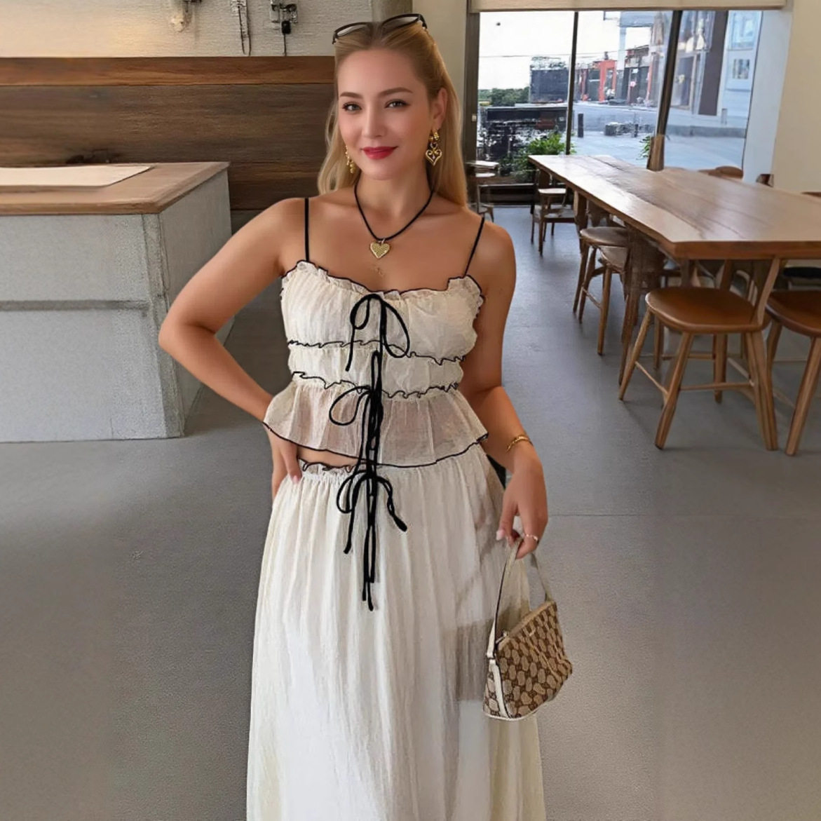 Womens Summer Set Sweet Ruffled Top with Bow Flowy Skirt Perfect for Casual Outings Wholesale Available