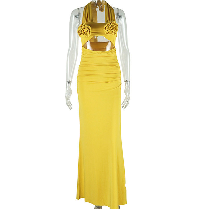 Sweet Fresh Floral Embellished High Waisted Midi Dress Halter Neck 3D Rose Decoration Elegant Style Autumn Collection