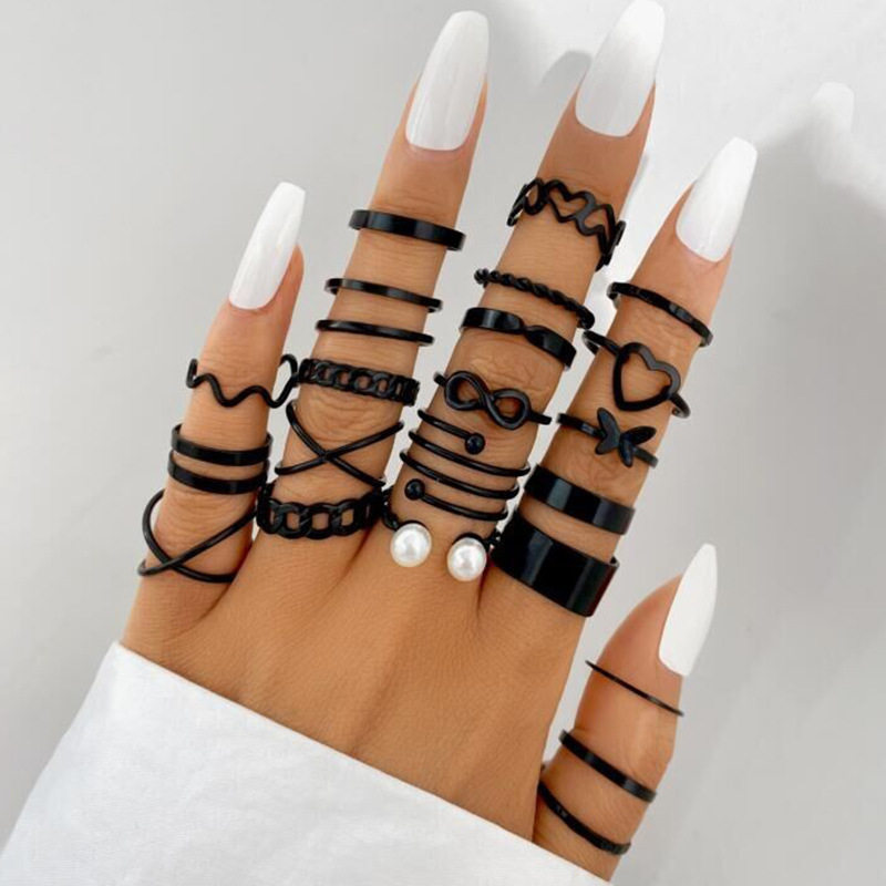 跨境热销滴油蝴蝶叶子戒指多关节戒指套装21件套镂空爱心几何戒指