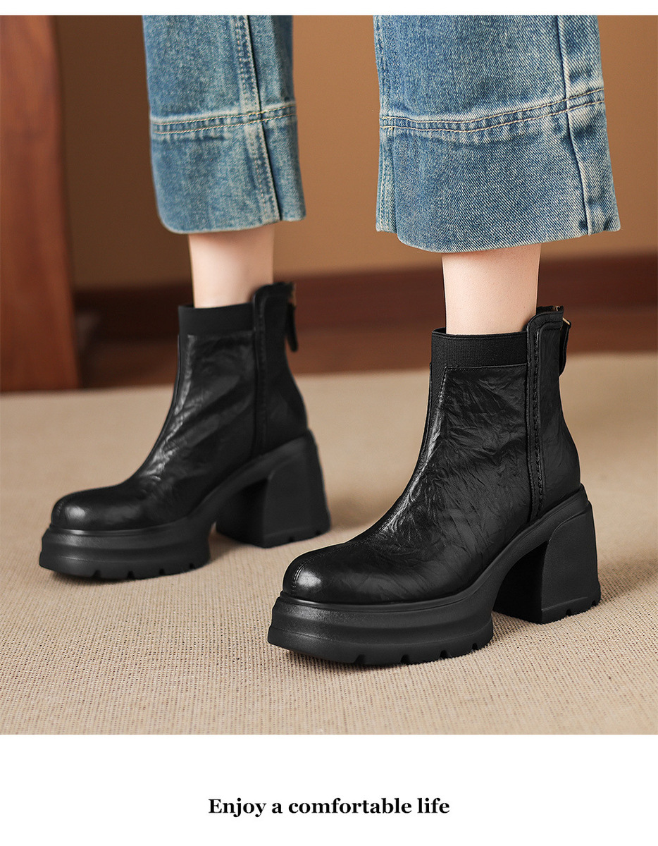 Boot Martin nữ đế dày gót thô 8cm khóa kéo sau dáng ôm chân — Lớp lót đơn màu đen, Lớp lót đơn màu nâu, Lót nhung đen, Lót nhung màu nâu