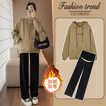 Maternity Wear Autumn and Winter Style Fleece-Lined and Thickeneded to Heattech Korean Style Loose Cover Pregnant Belly Hooded Long-Sleeved Casual Outer Wear Set