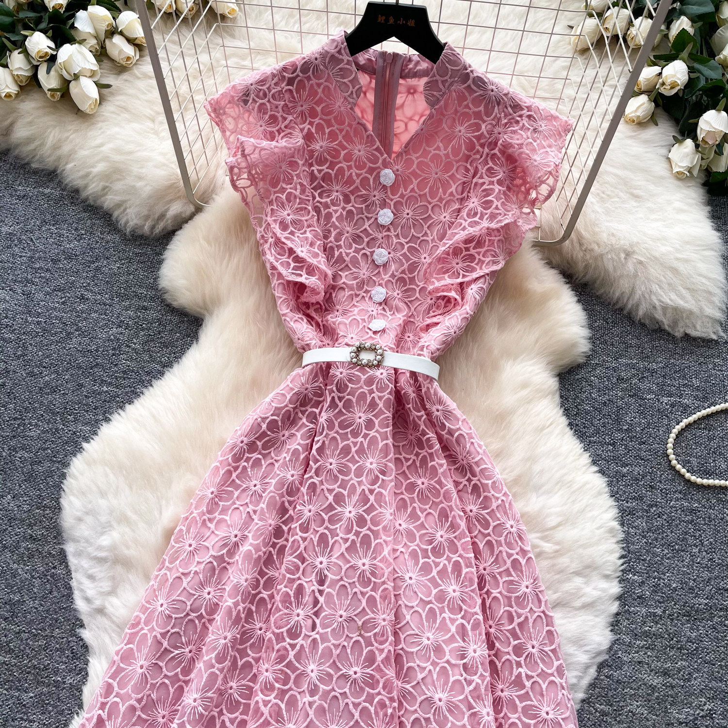 Sleeveless A Line Lace Dress High Waist Hollow Out Elegant Style Summer Casual Wear for Women Wholesale Available