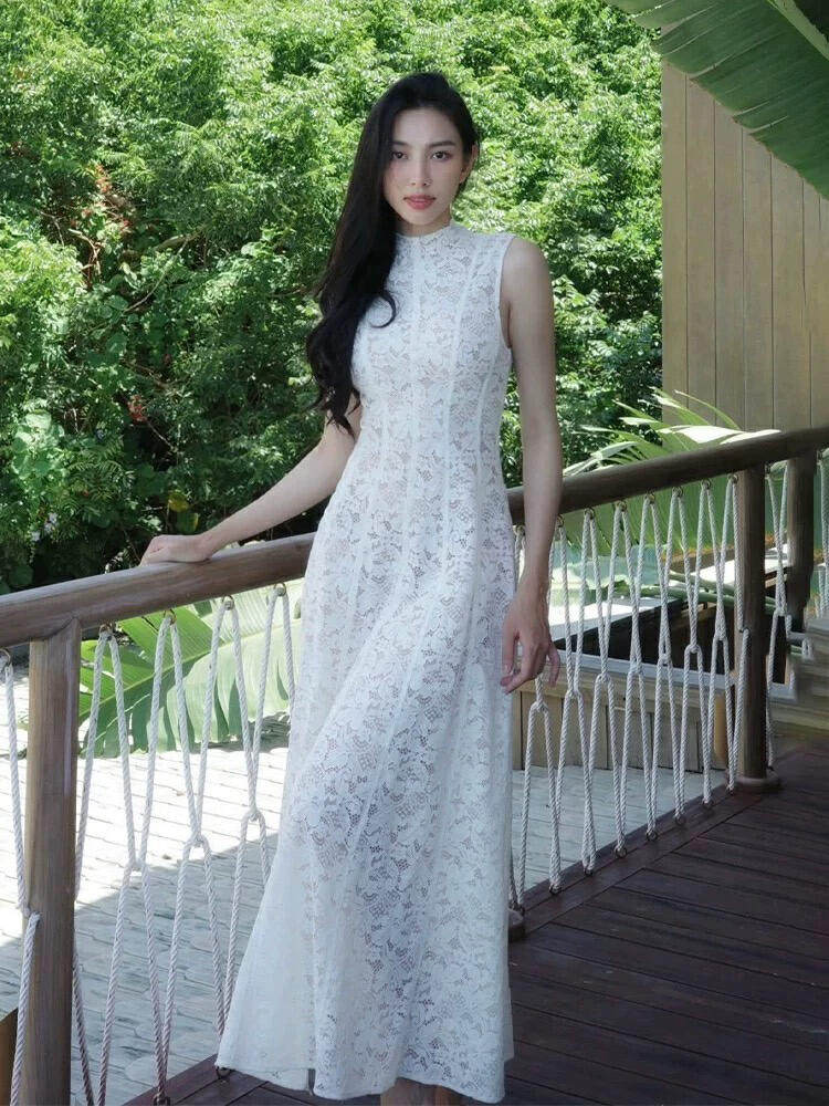 Đầm maxi nữ ren thắt eo dáng chữ A cổ tròn không tay — Trắng chi tiết 8