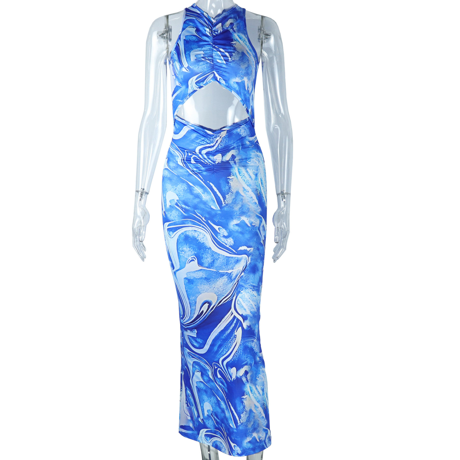 Hollow Out Bodycon Dress Round Neck Backless Digital Print Elegant Vacation Style Wholesale Available