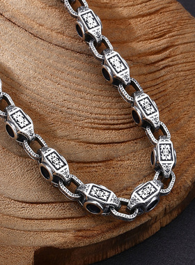 小众银饰男士s925纯银项链百搭唐草纹锆石项链复古银饰饰品锁骨链