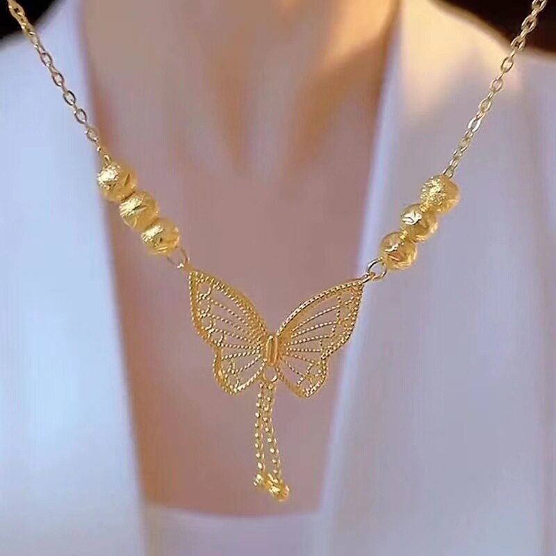 Butterfly Super Fairy Tassel Necklace Women's Pendant 2023 New Non-Fading Titanium Steel Clavicle Chain Wufu Transfer Beads