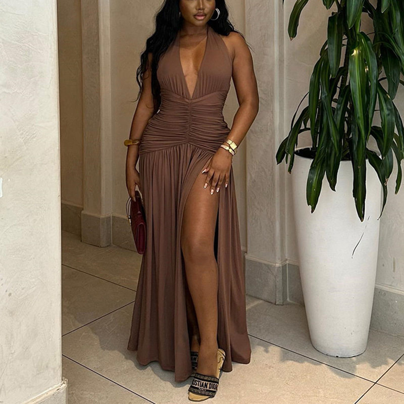 Sleeveless Deep V Neck Split Back Dress Solid Color High Slit Waist Defining Elegant Style Perfect for Parties and
