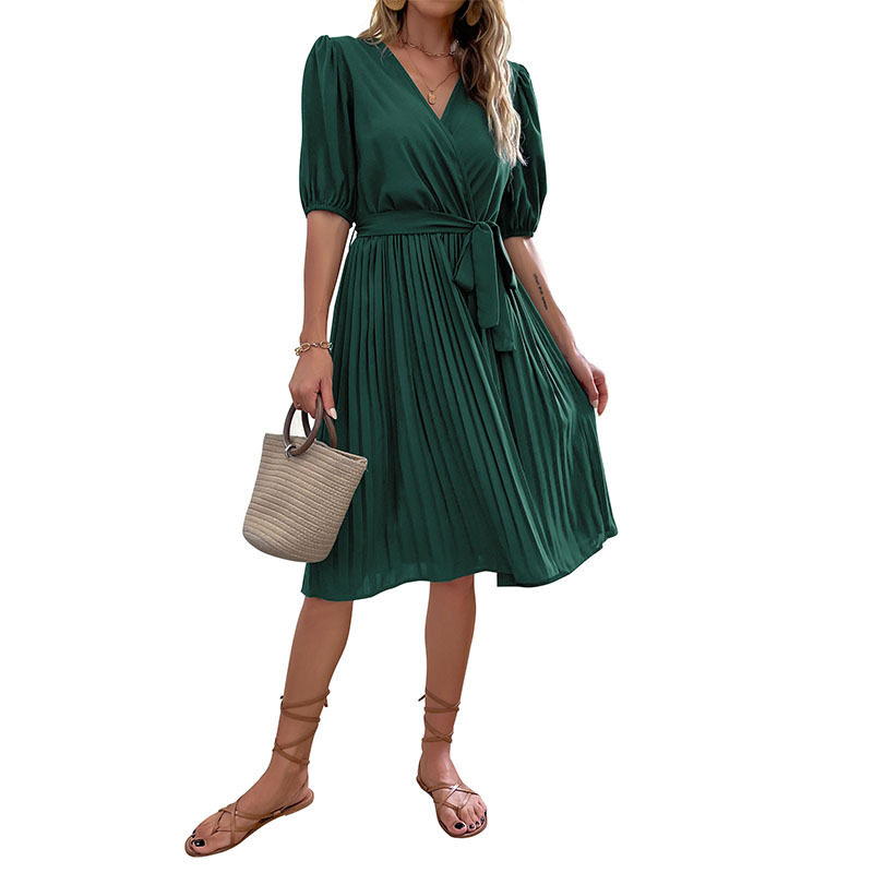 Summer Green Ruched Dress V Neck Tie Detail Fashionable Design Perfect for Casual Outings Wholesale Available