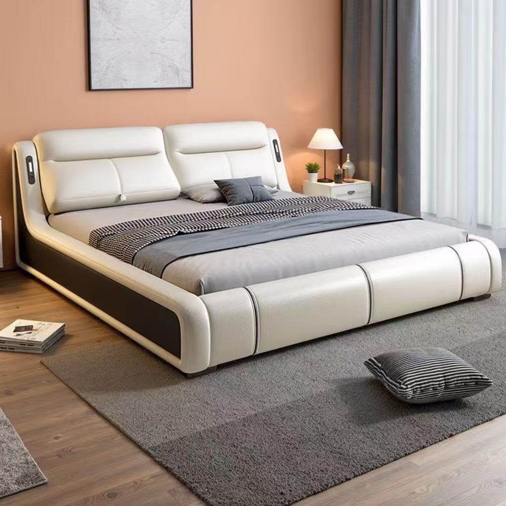 Multifunctional Italian-Style Light Luxury Genuine Leather Modern Simple Children's Bed Adjustable New Bedroom Storage Large Bed