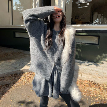 Korean Style Zipper Sweater and Skirt Two-Piece Set Autumn New Loose Lazy Style Slimming Knitted Suit for Women