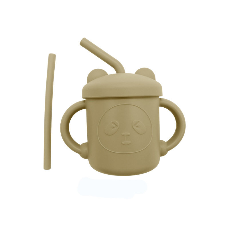 Silicone Water Cup with Double Handles and Double Straws, Cartoon Baby Learning Drinking Cup, Special Silicone Cup for Children and Babies, Tableware