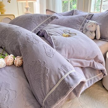 Class a Thickeneded Carved Velvet Four-Piece Winter Thickeneded Milk Velvet Coral Velvet Quilt Cover Bed Sheets Double-Sided Velvet Bed Bed Sheets
