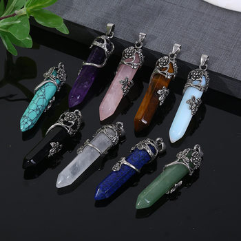 Amazon Natural Amethyst Pink Tiger Eye Stone Single Pointed Hexagon Pendant Rose Plum Necklace Jewelry