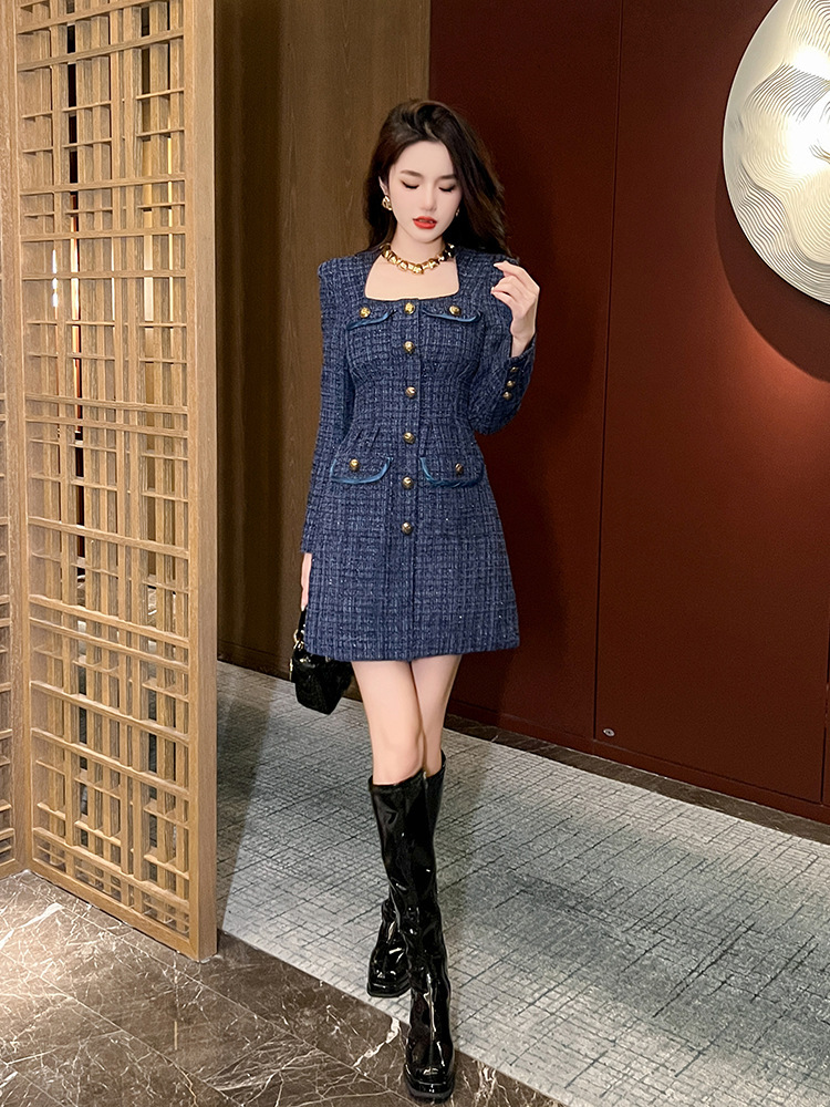 Đầm nữ dáng chữ A cổ vuông thắt eo vải tuýt dài tay — Màu tím xanh lam
