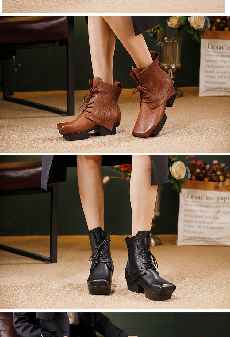 Boot nữ cổ thấp gót vuông da bò thật buộc dây phong cách cổ điển — màu đen, màu nâu