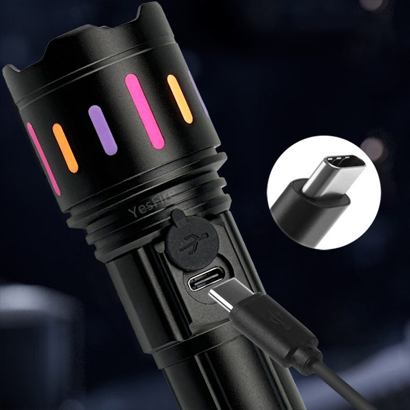 Type-C Rechargeable Strong Light Zoom Multifunctional Flashlight Lithium Battery Long Life Fluorescent Strip Digital Display White Laser Flashlight