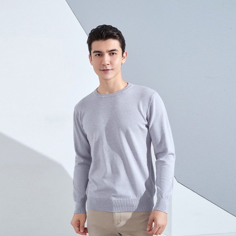 秋冬男士圆领宽松加厚套头针织衫纯色长袖短款商务打底保暖毛衣