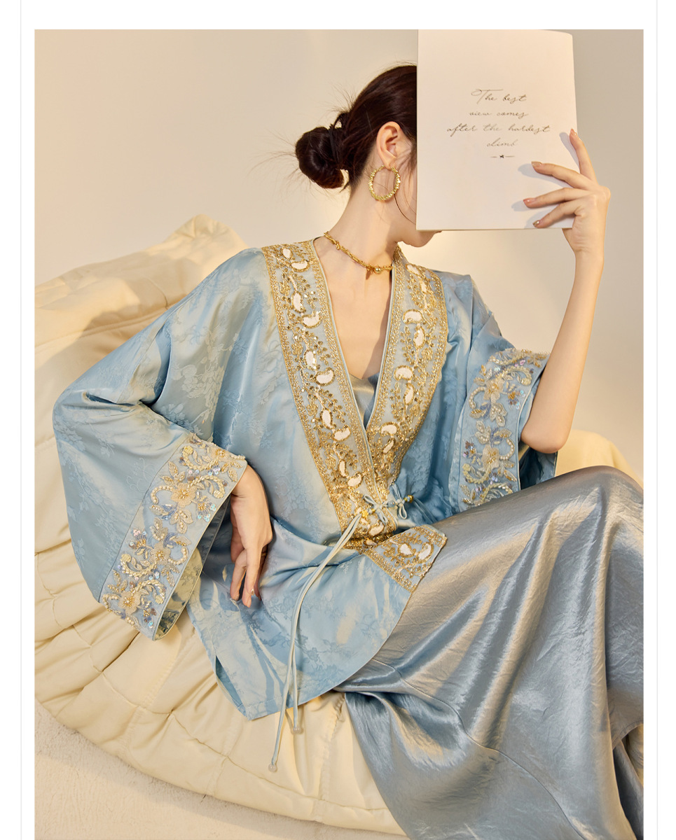 Áo khoác nữ thêu đính cườm dáng rộng cổ chữ V phong cách cổ điển — Jiyue Blue (Giao hàng trong ngày), Xanh Jiyue (giao hàng trong 7 ngày)