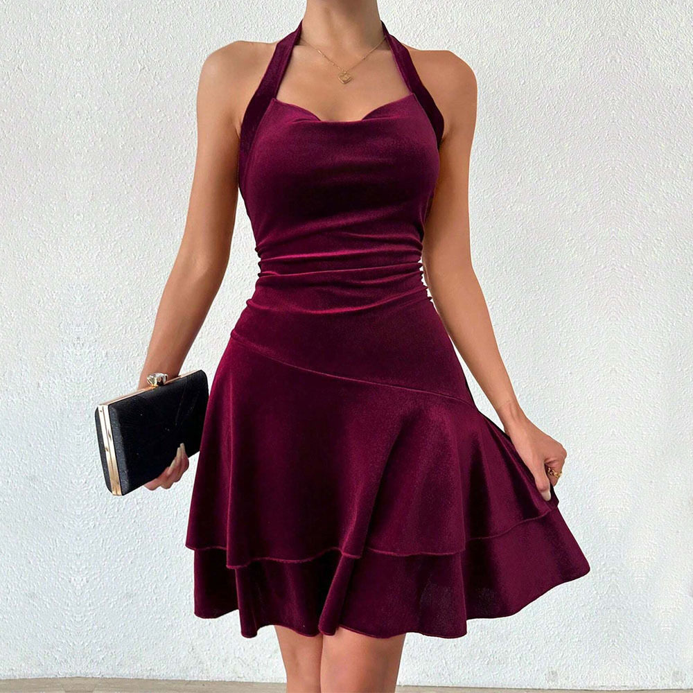 Velvet Halter Mini Dress Sexy Elegant Comfortable Spring Summer Party Wear Wholesale Available