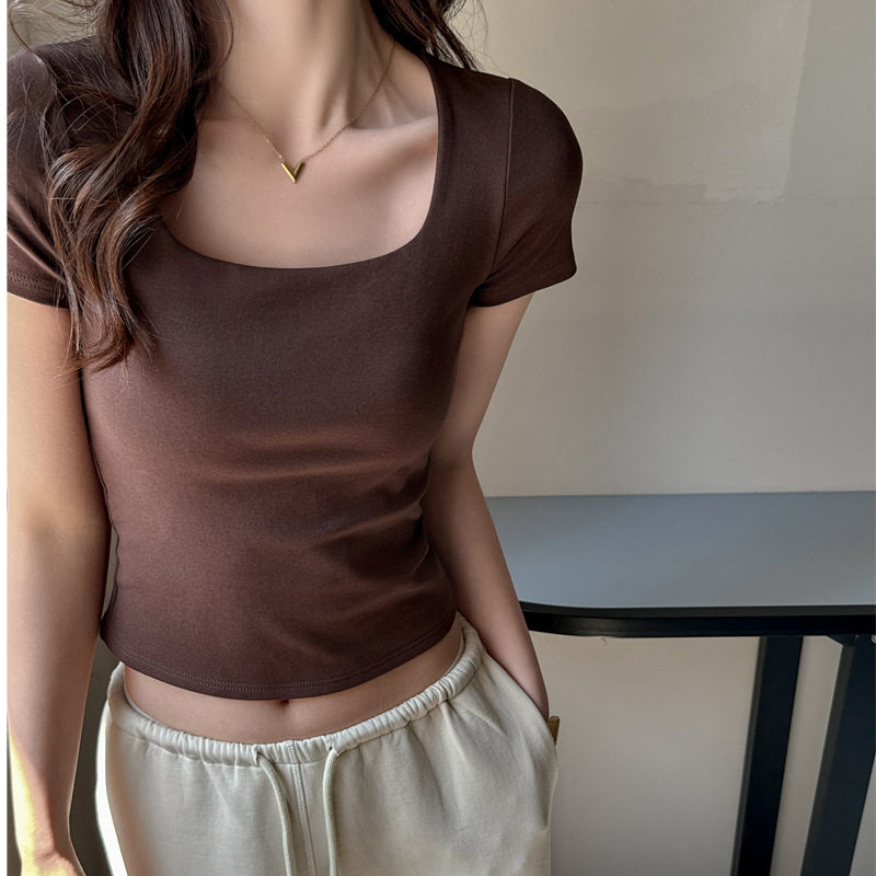 韩系纯棉方领内搭打底衫正肩短袖t恤女式辣妹时尚高级感修身上衣