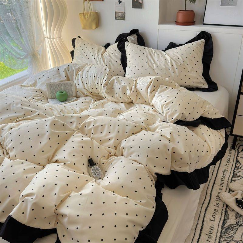 French-Style Gentle Girl Ins Lace Polka Dot Washed Cotton Four-Piece Bedding Set Solid Color Duvet Cover Three-Piece Set 1.8 Fitted Sheet
