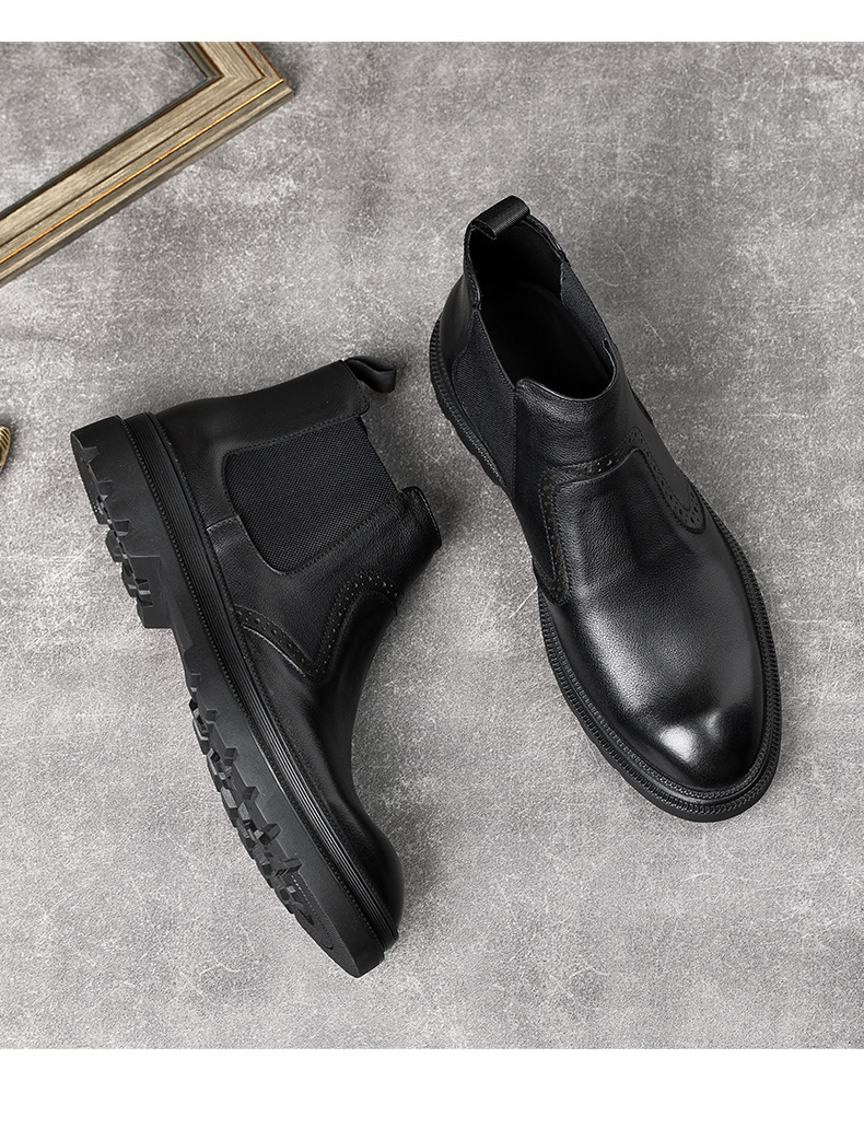 Boot Chelsea nam cổ trung da bò mềm lót nhung giữ ấm mũi tròn — Màu đen, Màu đen lót nhung, Màu xám nhạt