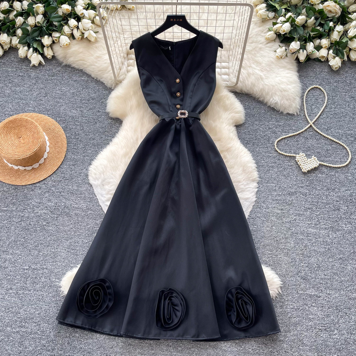Sleeveless A Line Dress for Women Waist Defining 3D Floral Design Slim Fit Summer Office Wear or Special Occasion