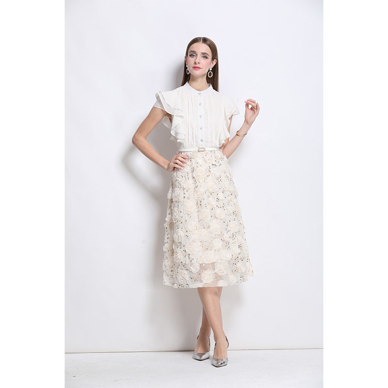 Elegant Midi Dress for Women French Style Floral Embellishments Waist Cinching Short Sleeves Perfect for Summer