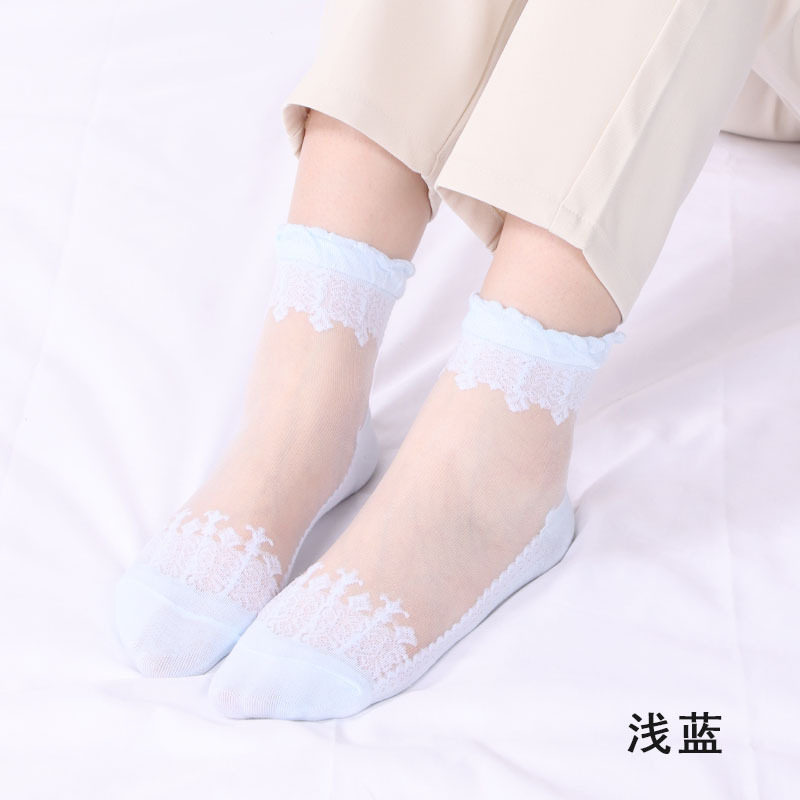 春季薄款中筒袜棉底玻璃丝袜子女蕾丝花边短款袜子防滑透气水晶袜