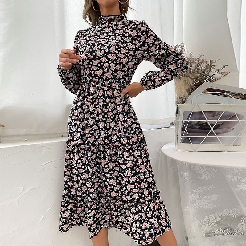 Mid Length Ruffled Print Dress High Neck Long Sleeve Autumn Winter Style Perfect for Casual or Formal Occasions