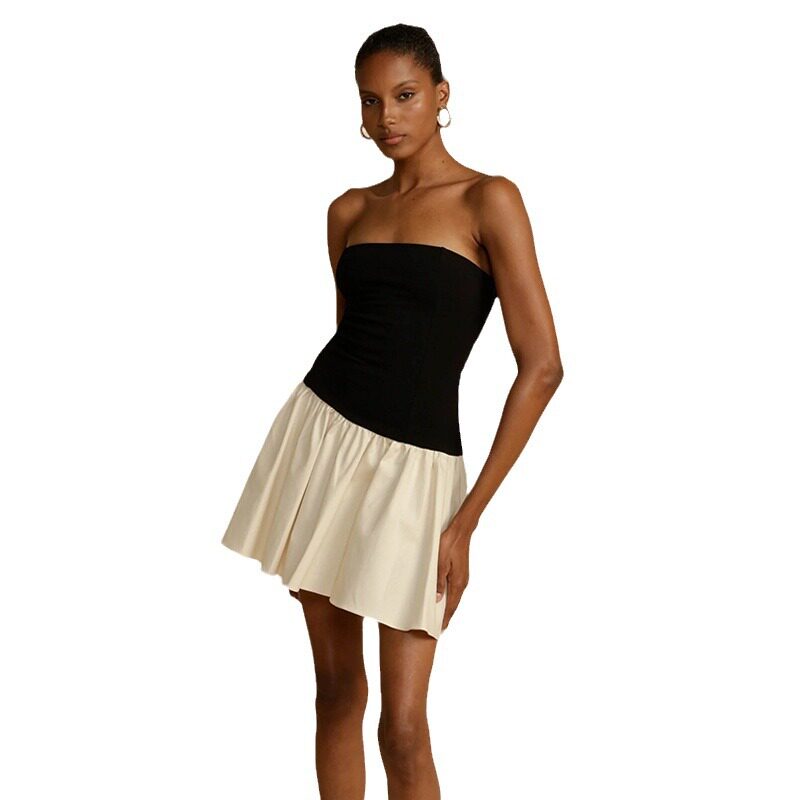 Color Block Strapless Mini Dress Elegant French Style Fitted Waist Spring Summer Fashion Wholesale Available