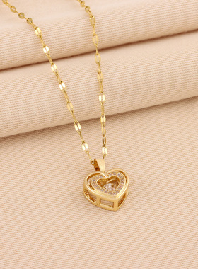 直播爆款韩版双层灵动爱心吊坠钛钢项链跨境爆款不锈钢女式锁骨链
