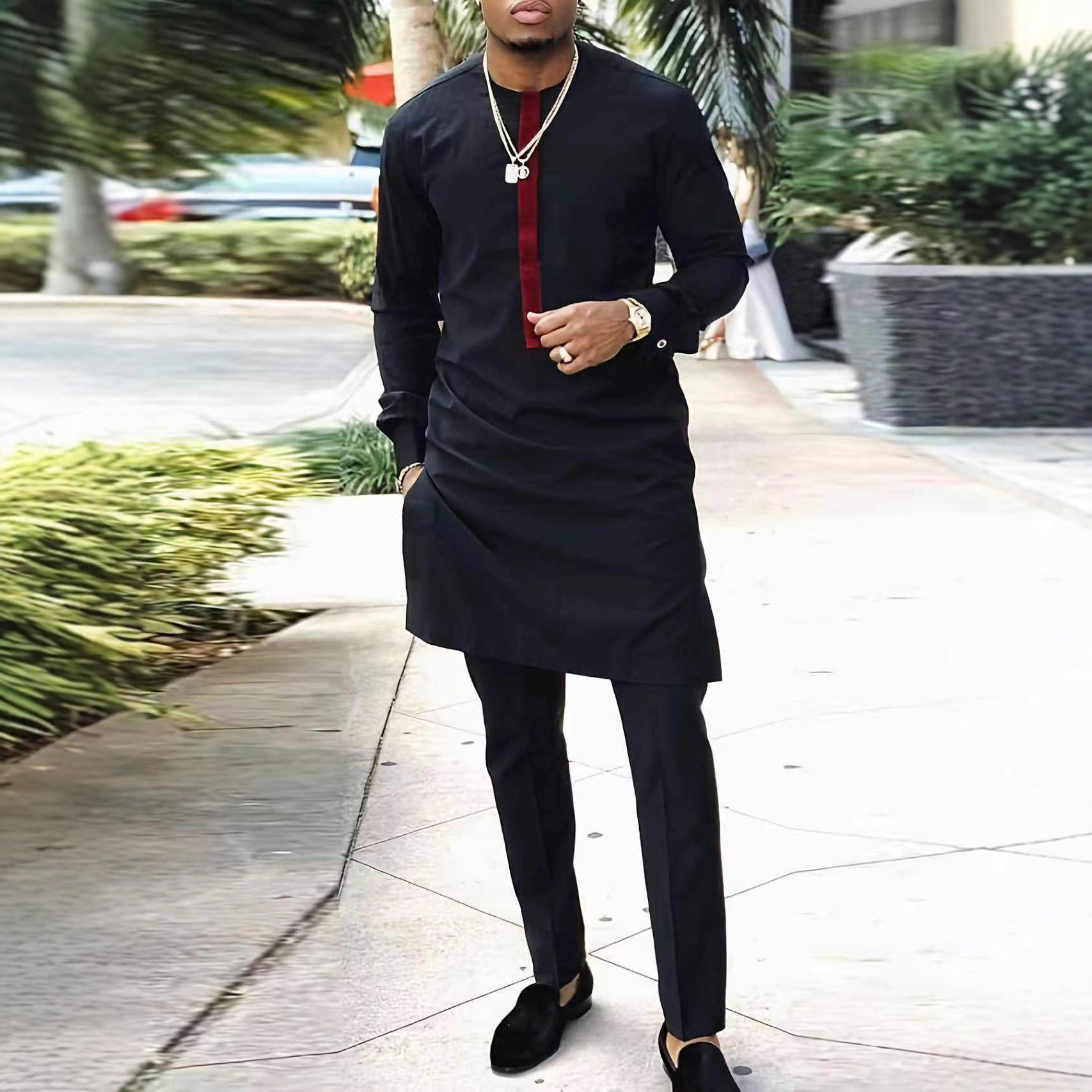 传统外贸非洲风格男士结婚新西装2件套圆领长袖上衣加裤子外贸