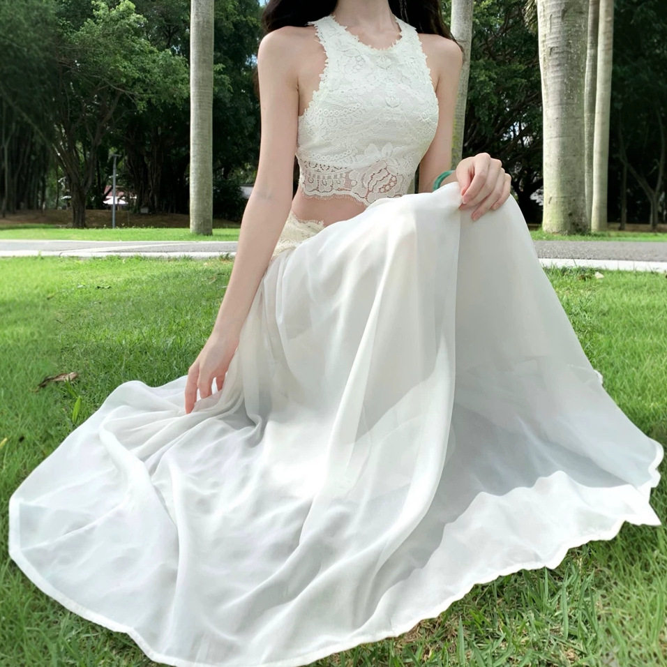 French Style Womens Two Piece Set Hollow Crochet Sleeveless Top High Waisted Patchwork Midi Skirt Summer Fashion
