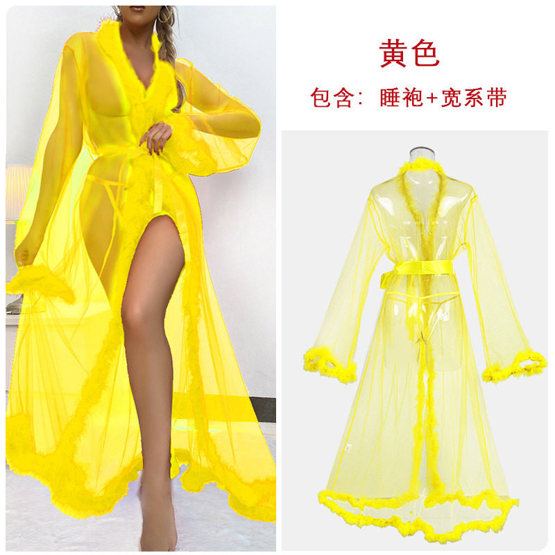 会员可见跨境外贸性感网纱长款睡袍毛毛边 性感透视睡衣女批发271