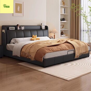 Multifunctional Leather Bed with Lighted Storage, Double Bed, Master Bedroom Large Bed, Solid Wood Upholstered Bed, Italian Minimalist Cream Style
