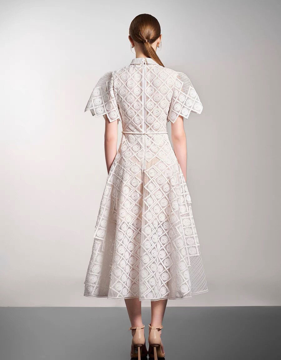 Đầm maxi nữ thêu ren cổ polo tay ngắn cạp cao midi — Màu như ảnh chi tiết 6