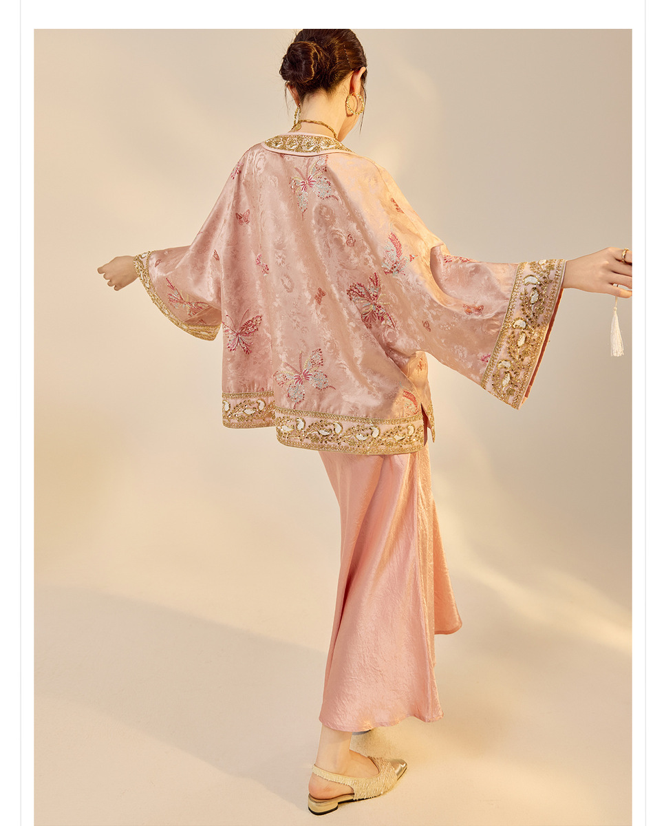 Áo khoác nữ dáng rộng thêu sequin họa tiết hoa cổ chữ V — Màu hồng
