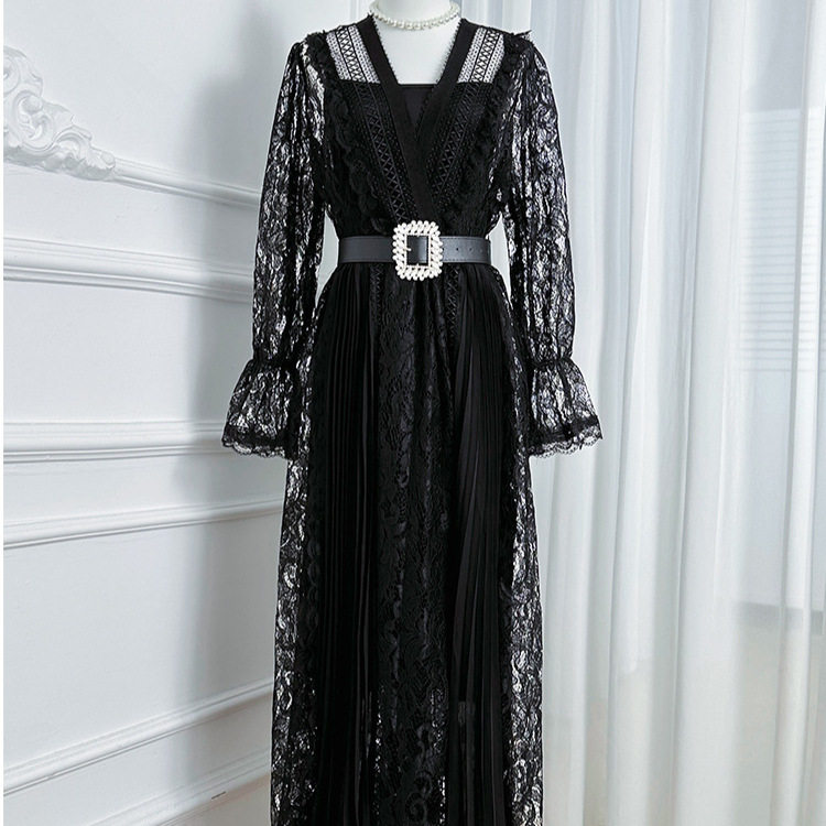 Elegant Lace V Neck Dress French Chic Waist Tie Pleated Skirt Long Sleeve Perfect for Autumn Events Wholesale