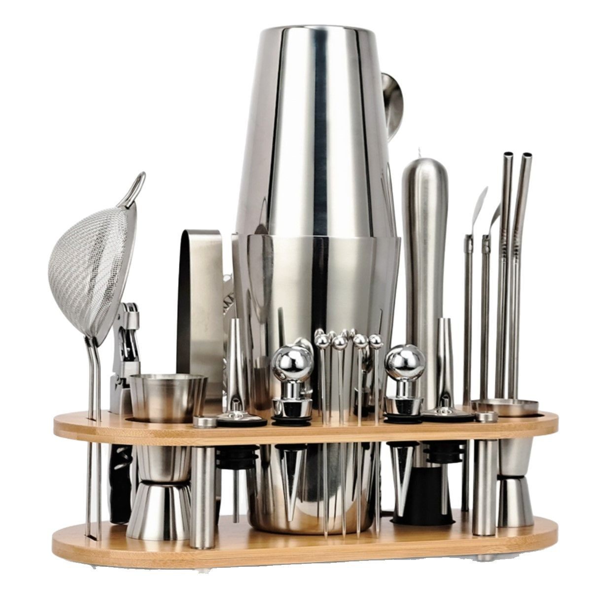 Cross-border bartending tools 23 pieces suit stainless steel bartender bar supplies bartender oval bamboo rack suit