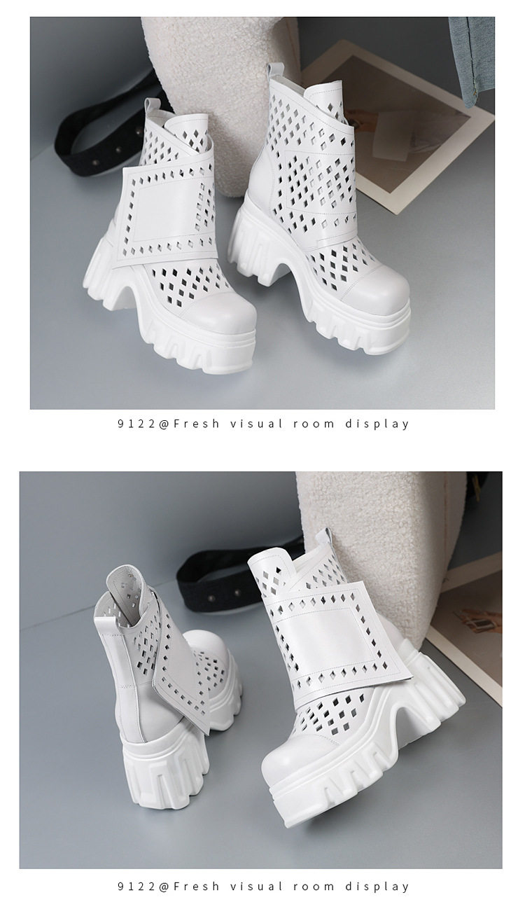 Sandal cao gót nữ hở mũi da bò lỗ khí mùa hè, gót siêu cao 8 cm, phong cách Martens — [Trắng], [Hồng], [Kaki đậm], [Đen] chi tiết 12