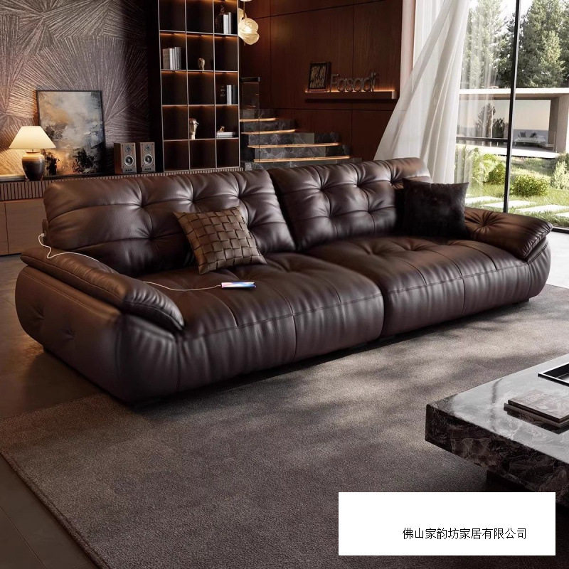 云朵真皮沙发三人直排头层牛皮意式极简现代客厅黑色中古大小户型