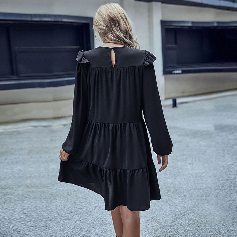 Loose Black Long Sleeve Dress Vintage Hepburn Style Fashionable Womens Apparel for Casual Occasions Wholesale Available