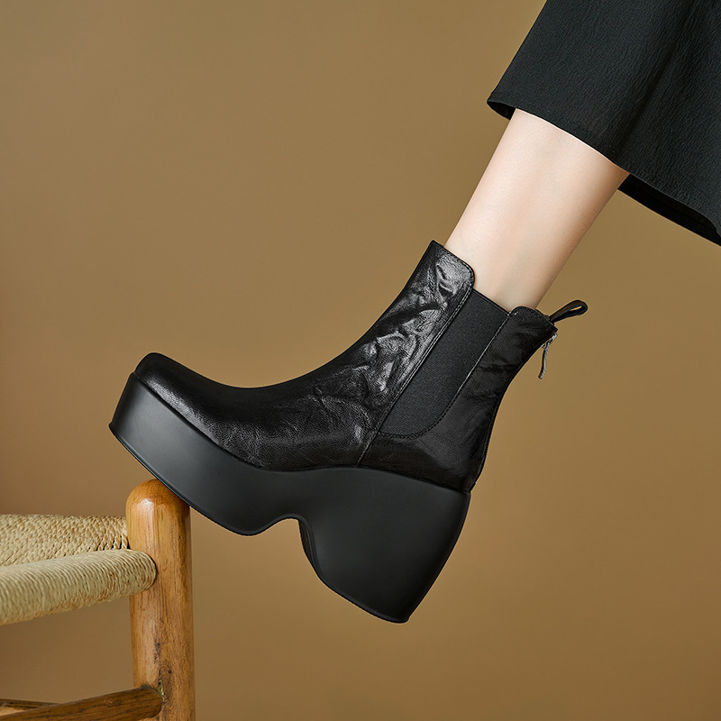 Boot nữ cổ ngắn đế dày gót xuồng mũi tròn da cừu phong cách cổ điển — màu đen, Màu nâu