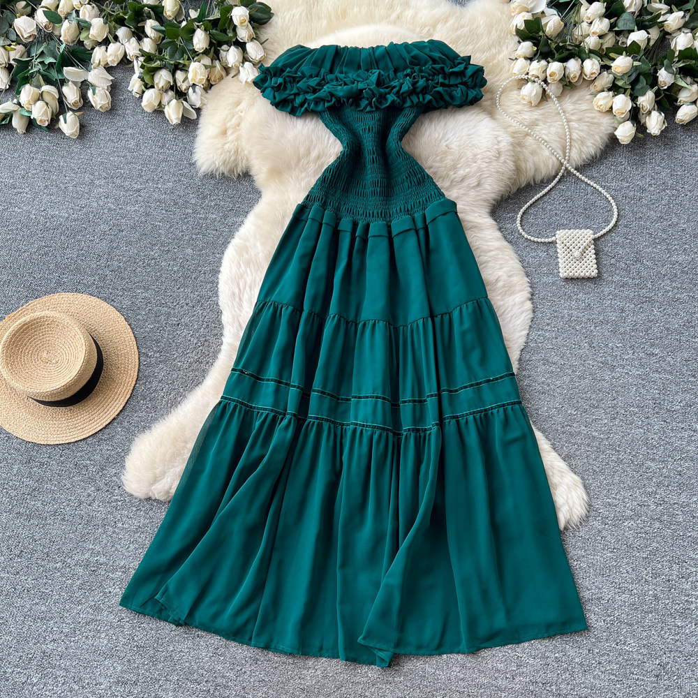 French Vacation Style Strapless Dress High Waist Flattering Fit Ruffle Hem Summer Occasion Wholesale Available